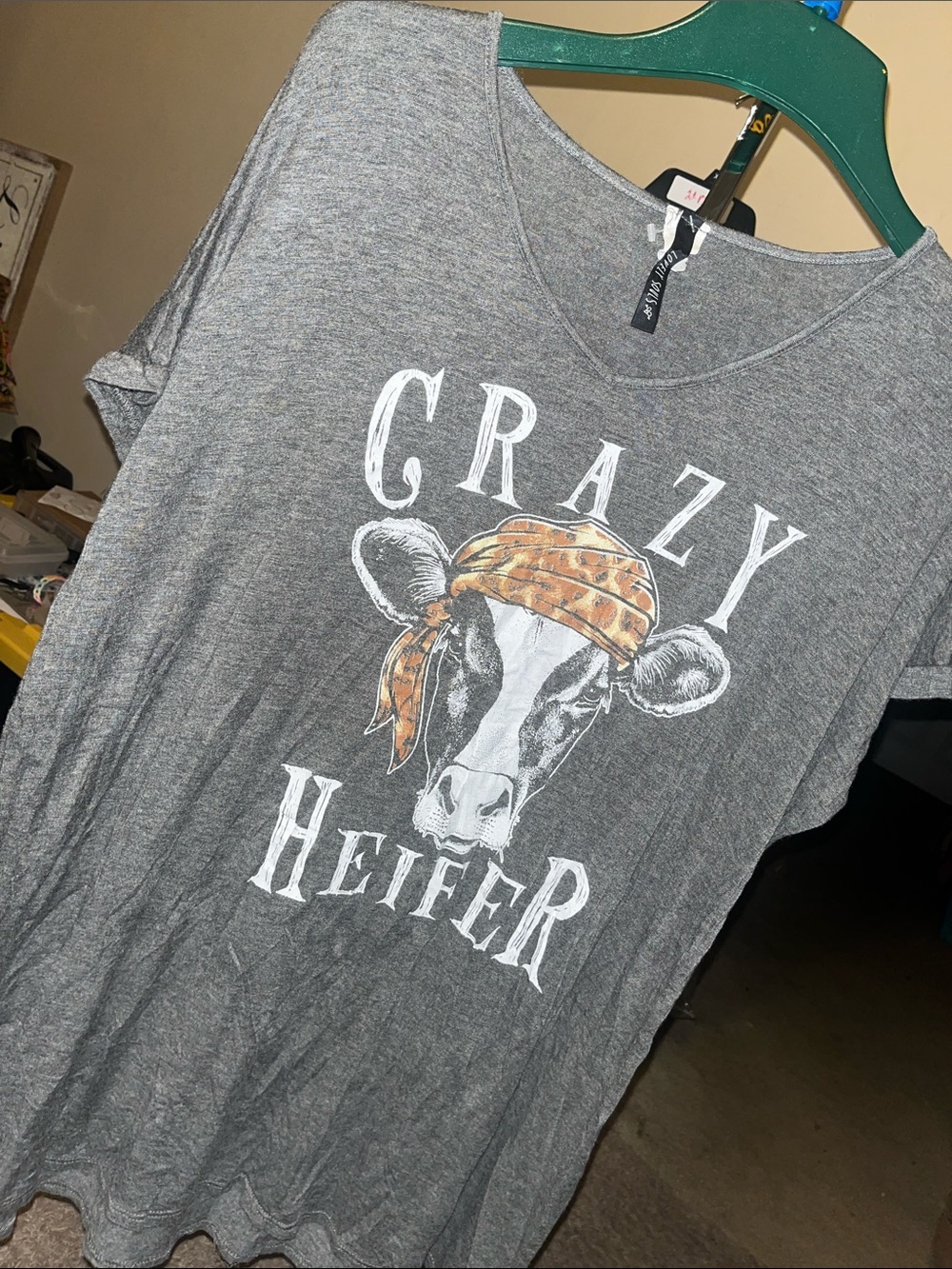Crazy Heifer Graphic Tee - Gray with Orange Headscarf